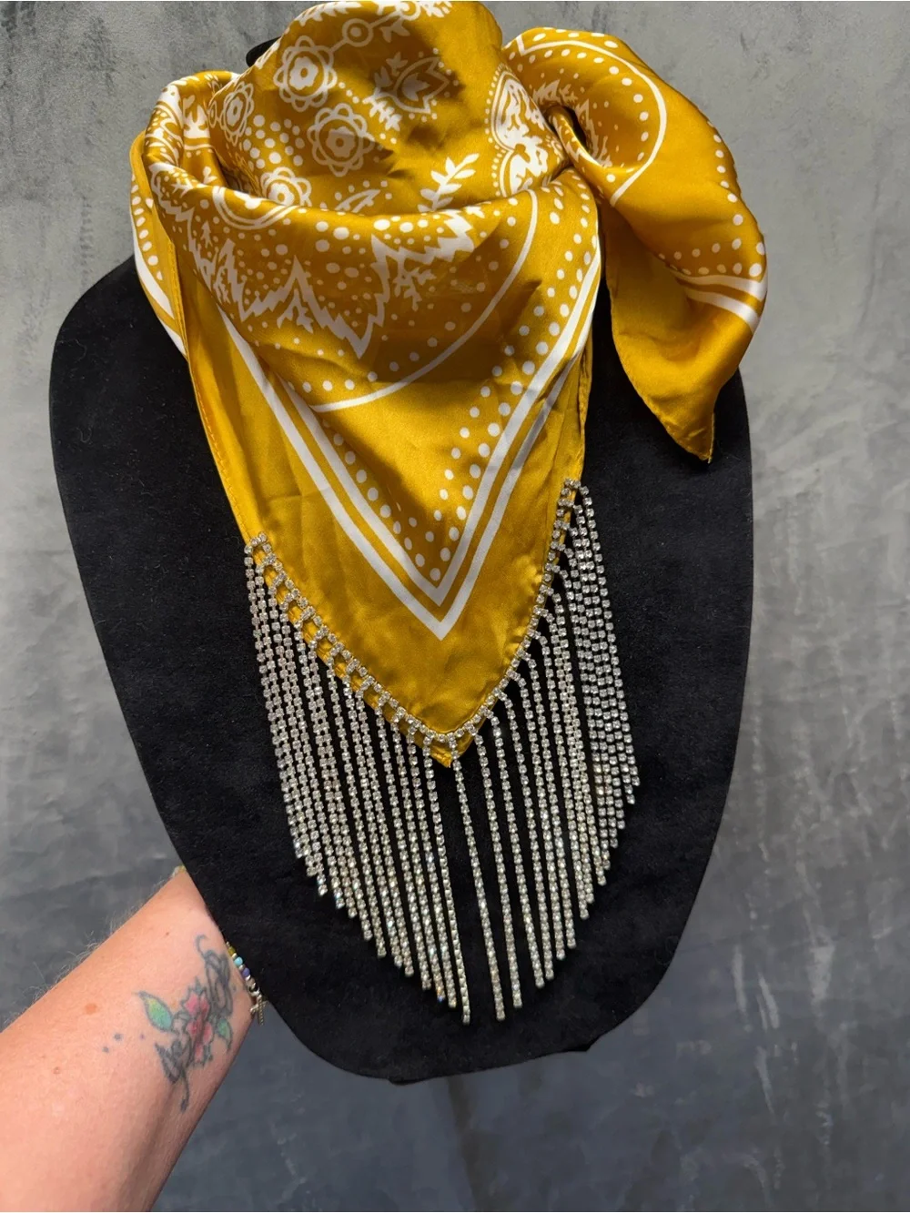 Rockstar Boho Gold Yellow Bandana Scarf Necklace w/ Rhinestone Fringe Cowgirl